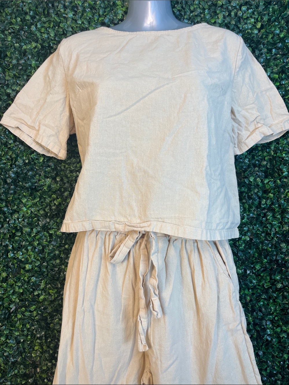 Beige Short-Sleeve Linen Blend Top - Women